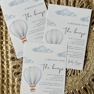 Message personnalisé pour baby shower, Jeu de baby shower, Baby shower sur le thème des montgolfières, Message personnalisé du bébé