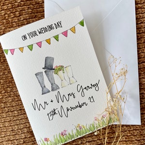 Cartão de casamento personalizado feito à mão de Wellies/cartão de casamento inspirado ao ar livre/cartão Sr. E Sra./cartão de casamento personalizado/bandeira de Wellies