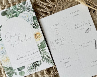 White Floral Botanical Arch Double Sided Order Of The Day Card