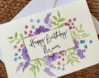 Hand Painted Personalised Floral Birthday Card / Personalised Birthday Card / Happy Birthday Card / Happy Bday Mum Nan Sister Best Friend