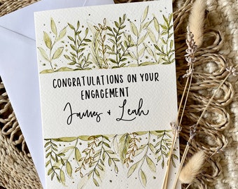 Biglietto di fidanzamento botanico personalizzato / Biglietto di fidanzamento fatto a mano / Congratulazioni per il tuo fidanzamento / Mr & Mrs Engagement Card / nomi