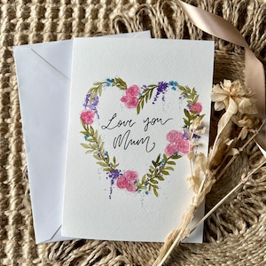 Aangepaste handgeschilderde hart Moederdag kaart, Moederdag kaart, hou van je moeder, moeder, bloemen moederdag kaart, gelukkige moederdag, gepersonaliseerd
