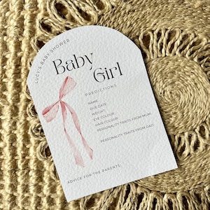 Tarjetas de predicción de baby shower con lazo personalizado, juego de predicción para baby shower, niño, niña, tema de lazo, cinta, rosa, azul, baby shower