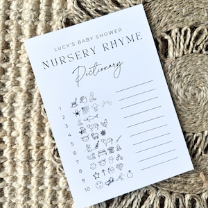 Gepersonaliseerde aangepaste babyshowerspel, gedrukt kinderliedje babyshower pictionary spel, babyshowerspel, smaakvol babyshowerspel, spel