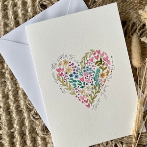 Cartão de dia dos namorados com coração floral pintado à mão personalizado, cartão de dia das mães, cartão de dia dos namorados, cartão de ocasião especial personalizado, floral