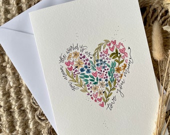 Tarjeta personalizada de San Valentín de corazón floral pintado a mano, tarjeta del día de la madre, tarjeta de San Valentín, tarjeta personalizada para ocasiones especiales, floral