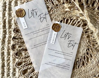 Menu di nozze personalizzato in pergamena di cera d'oro / Menu di nozze personalizzato in pergamena / Menu di nozze in cera / Menu di nozze classico / Oro