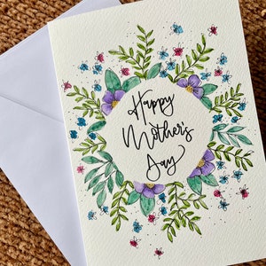 Tarjeta de Día de las Madres pintada a mano / Tarjeta del Día de las Madres / Tarjeta del Día de las Madres / Tarjeta de Acuarela / Tarjeta Original Hecha a Mano / Tarjeta de Corona de Flores