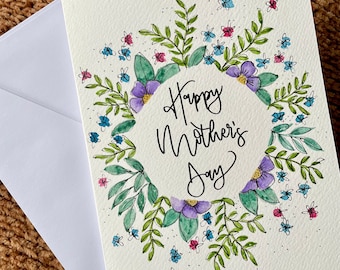 Handpainted Mothers Day Card / Happy Mothers Day Card / Mothers Day Card / Watercolour Card / Original Handmade Card / Flower Wreath Card