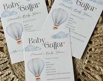 Tarjetas personalizadas de predicción para baby shower con globos aerostáticos, juego para baby shower, niño, niña, temática de nubes, azul, baby shower, futura mamá