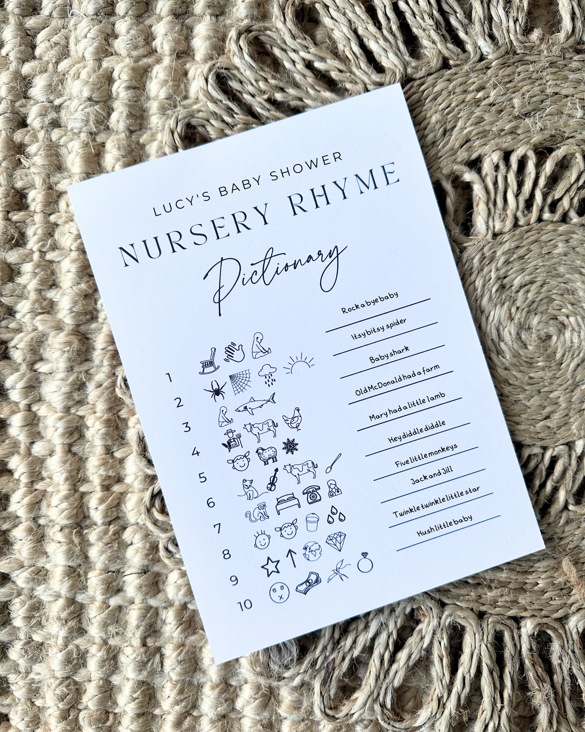 Personalised Custom Baby Shower Game, Printed Nursery Rhyme Pictionary ...