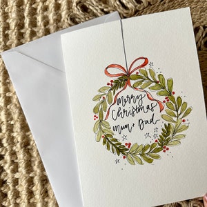 Handgeschilderde gepersonaliseerde aangepaste kerstkaart, kerstkranskaart, op maat geschilderde kerstkaart, botanische kerstkranscadeau, blad