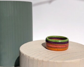 Green - orange wooden ring made from recycled skateboard deck, colorful unisex ring made from reclaimed wood