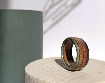 Blue - black sustainable ring made from recycled skateboard, Skateboard ring for eco-friendly gifts