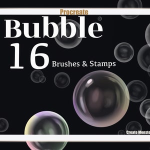 May include: A white tablet screen displaying a black background with the text "Bubble 16 Brushes & Stamps" in white. The image features a variety of transparent bubbles in different sizes and colors, including a large bubble with a purple, pink, and green iridescent sheen.