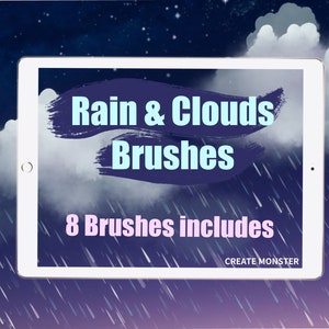 May include: A white tablet computer with a blue and white graphic that says "Rain & Clouds Brushes" and "8 Brushes includes". The tablet is on a dark blue background with white clouds and white rain streaks.