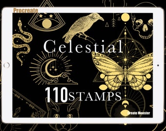May include: A white tablet screen displaying a black background with gold illustrations of celestial and mystical symbols, including a crescent moon, a sun, a butterfly, a raven, a snake, a cat, a skull, and a crystal. The text "Celestial 110 Stamps" is displayed in gold on the screen. The text "Procreate" and "Create Monster" are also displayed on the screen.