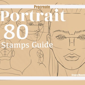 May include: A white tablet screen displaying a digital art guide for portrait drawing. The guide features 80 stamps and the text "Procreate Portrait 80 Stamps Guide" and "Create Monster".