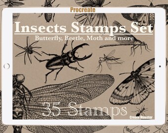 May include: A digital tablet screen displaying a set of 35 insect stamps. The stamps feature various insects, including butterflies, beetles, moths, and dragonflies. The text "Insects Stamps Set" and "Butterfly, Beetle, Moth and more" is displayed on the screen. The text "35 Stamps" is also displayed on the screen.