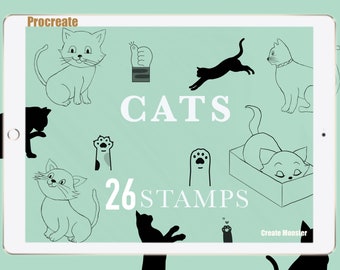 26 Procreate Cats postzegels- Procreate Cute Stamps - cartoon stempels Procreate tattoo, procreate stamp brush procreate story book