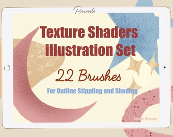 May include: A digital illustration of a tablet screen displaying a set of 22 texture shaders for illustration. The text on the screen reads "Texture Shaders Illustration Set 22 Brushes For Outline Stippling and Shading". The background of the image is a light beige color with abstract shapes in shades of pink, blue, and brown.