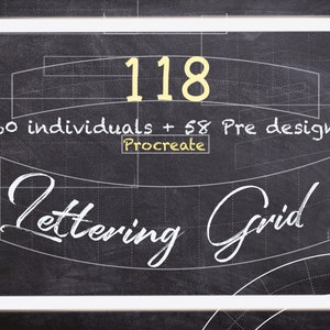 Könnte beinhalten: Ein weißes Tablet mit einem schwarzen Bildschirm, auf dem ein Lettering-Raster mit dem Text "Lettering Grid" und "118" in Gelb angezeigt wird. Der Text "60 individuals + 58 Pre design Procreate" ist ebenfalls auf dem Bildschirm zu sehen.