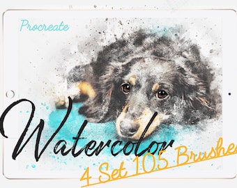 May include: A digital illustration of a dog on a tablet screen. The image is surrounded by watercolor splatters. The text "Procreate Watercolor 4 Set 105 Brushes" is written in yellow on the screen.