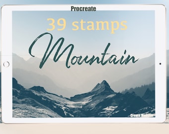 May include: A white tablet screen displaying a digital illustration of a mountain range with the text "Procreate 39 stamps Mountain" and "Create Monster" at the bottom.