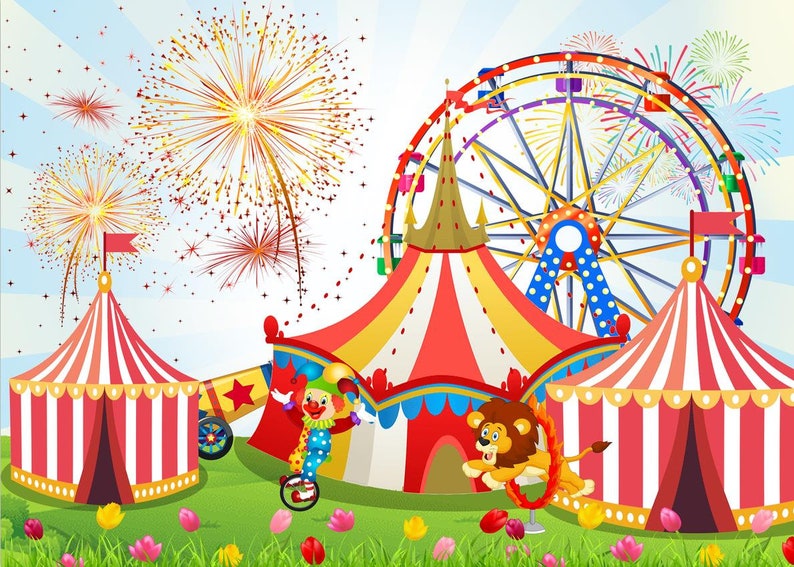 Circus Carnival Photo Backdrop Birthday Party Red Stripes Tents Clown Photography Background Colorful Fireworks Vinyl Photo Studio Prop image 2