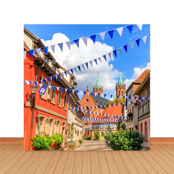 German Oktoberfest Photo Backdrop Old Street Town Orange Traditional Houses Photography Background Blue Fags Custom Vinyl Photo Studio Props