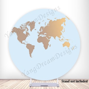 Blau und Gold Weltkarte Runde Hintergrund Abdeckung Geburtstag Hochzeit Reise Foto Hintergrund Polyester Stoff Kreis Banner mit Gummiband