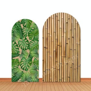 Palm Leaves Arch Cover Photo Backdrop Tropical Green Leaves and Bamboo Jungle Safari Birthday Double-Sided Photography Background Cover