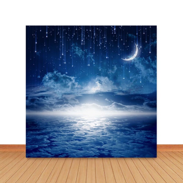 Starry Night Sky Moon Photo Backdrop Kids 1st Birthday Baby Shower Photography Background Navy Blue Shiny Vinyl Photo Studio Props