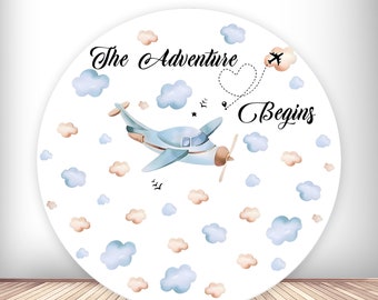 The Adventure Begins Round Photo Backdrop Airplane Clouds Photography Background Circle Photo Studio Banner