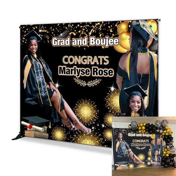 Congrats Grad Photo Backdrop Gold and Black Graduation Photography Background Add Your Picture Prom 2023 Photo Studio Banner
