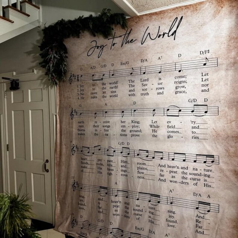 Joy to the World Christmas Backdrop: Vintage Sheet Music Decor image 2