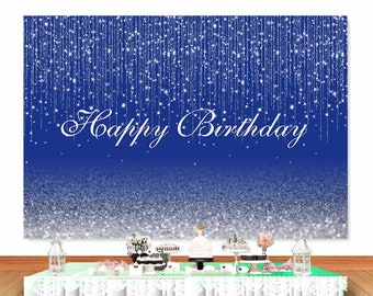 Glitter Silver and Navy Blue Happy Birthday Backdrop