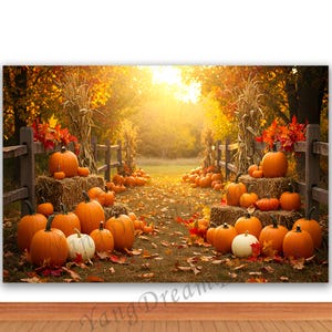 May include: An autumnal scene with pumpkins, hay bales, and fall leaves. The image shows a path flanked by orange pumpkins of different sizes, with a bright, sunlit backdrop. The scene suggests a harvest or Thanksgiving theme.
