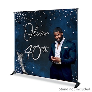 Fondo de fotografía de cumpleaños para hombre, imagen personalizada, fondo de fotografía de cumpleaños, póster de estudio fotográfico azul marino y plateado