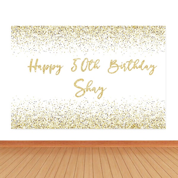Gold And White Happy 50th Years Birthday Black Backdrop