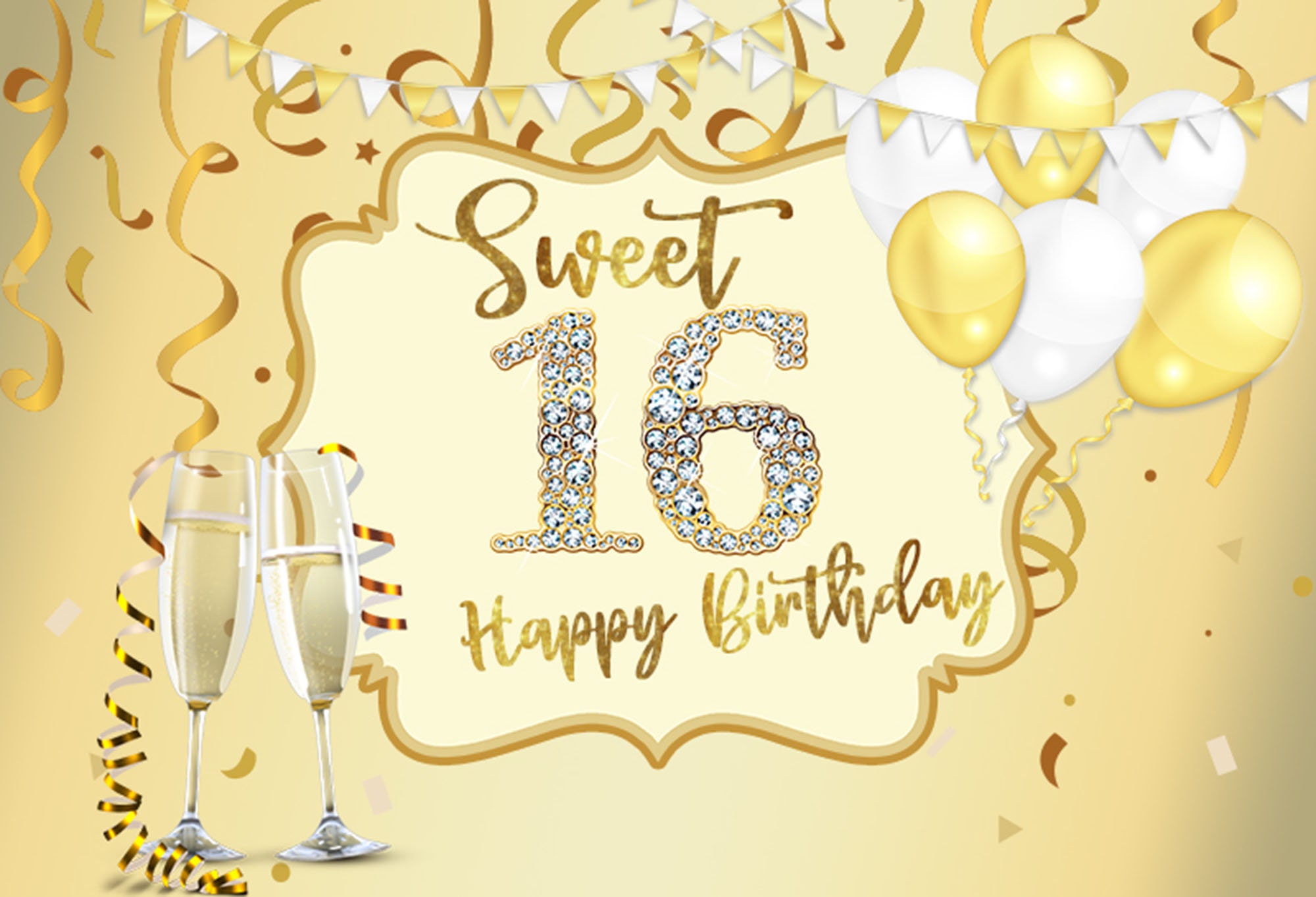 Sweet 16 Birthday Photo Backdrop Gold Yellow Balloons Etsy