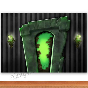 May include: A digital illustration of a green stone archway with a glowing green interior, set against a black and gray striped background. Two ornate green sconces flank the arch. The image has a spooky, haunted house theme.
