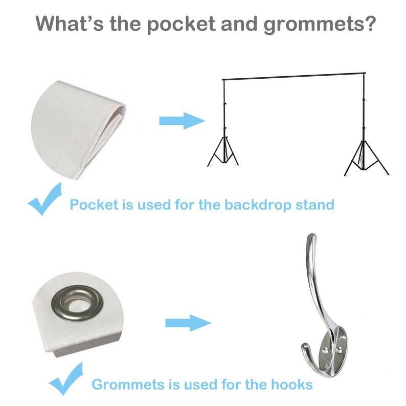May include: A white backdrop with a sewn-in pocket for a backdrop stand and metal grommets for hanging hooks.