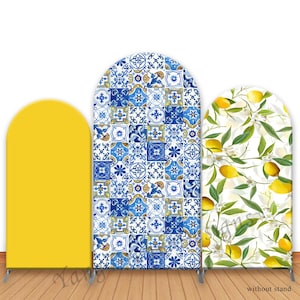 Blue Tiles Bridal Shower Photo Backdrop Arch Cover Main Squeeze Lemon Photography Background Mediterranean Party Photo Booth Cover