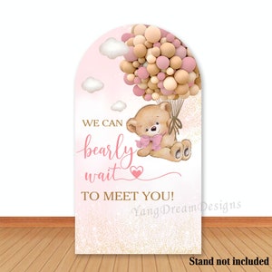 Non vediamo l'ora di incontrarti, sfondo fotografico per baby shower, palloncini rosa, sfondo fotografico in tessuto bifacciale