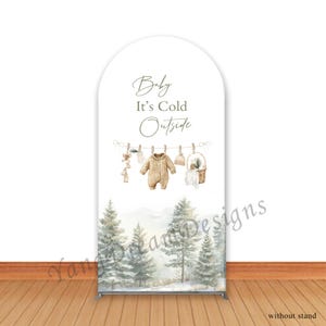 Fondo de fotografía para baby shower de invierno: Arco con la frase "Bebé, hace frío afuera"