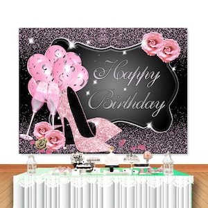 Pink Glitter Heels Birthday Backdrop: Floral Photo Background