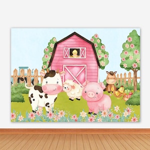 Farm Animals Photo Backdrop Pink Barn Photography Background Kids Birthday Horse Cow Pig Photo Studio Banner