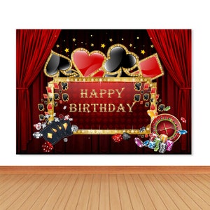 Poker Las Vegas Photo Backdrop 40th 50th Birthday Casino Party Photography Background Black and Red Poker Step Chips Vinyl Photo Studio Prop