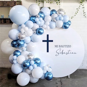 Copertina per fondale fotografico rotondo per battesimo personalizzato, sfondo fotografico con testo blu navy e croce